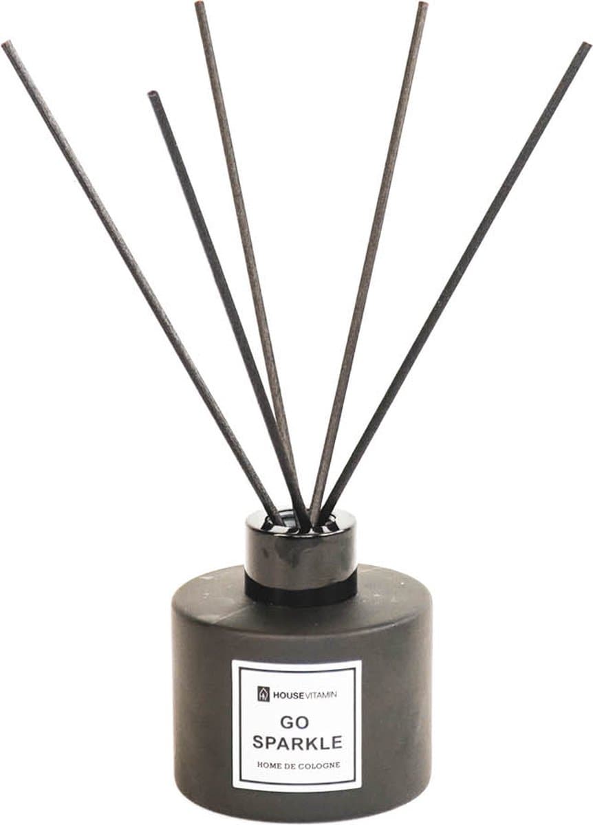 Housevitamin Geurstokjes - Go Sparkle 100 ml - Zwarte stokjes - Glas/Fibre- 7x7x20cm