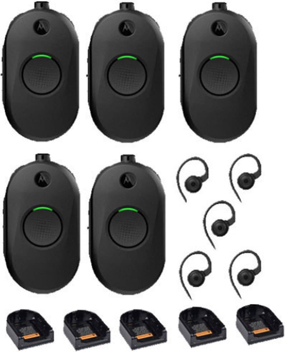Set van 5 Motorola CLP446E Mini Portofoons met oortje en tafel lader