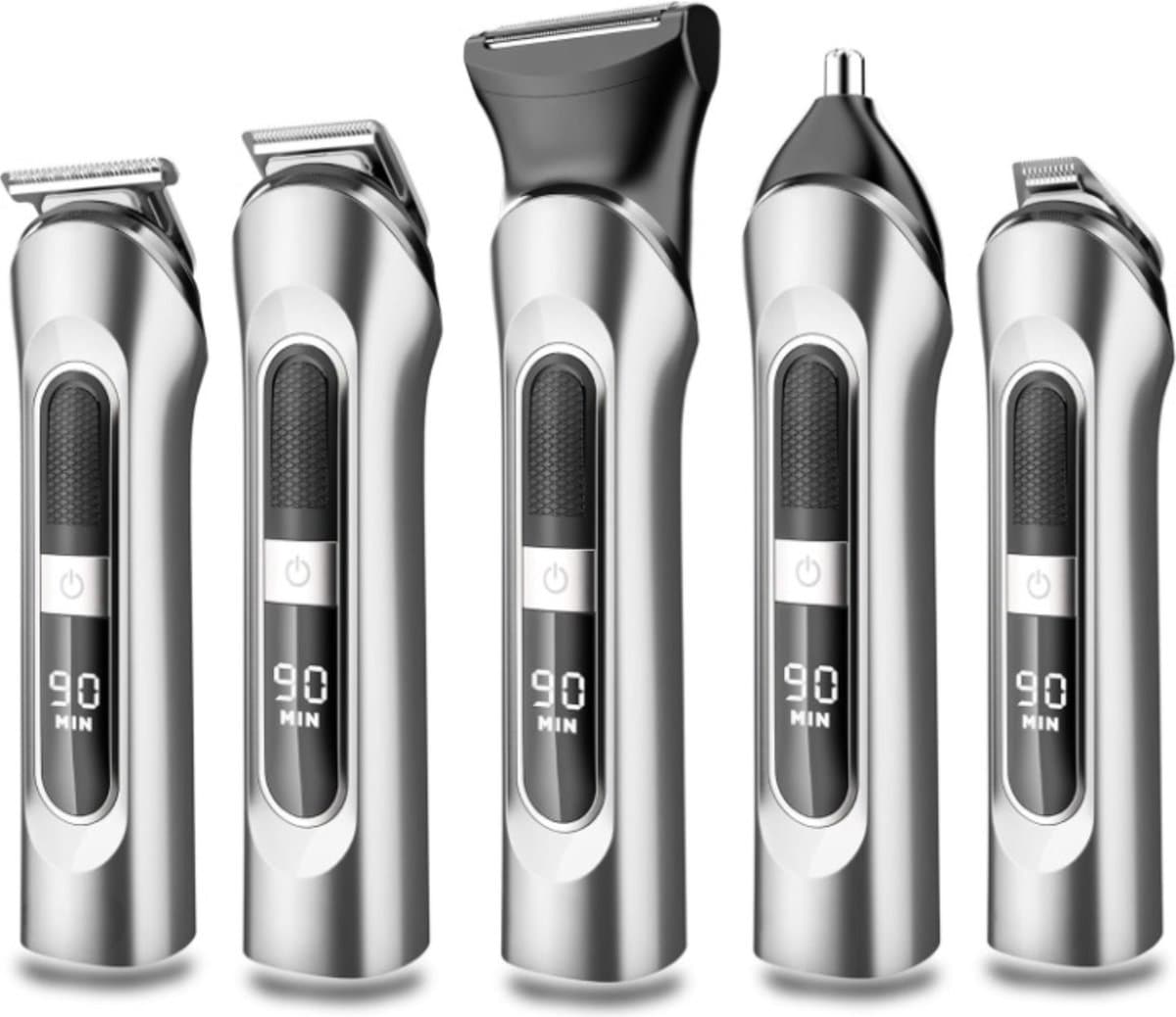 Baardtrimmer - 5-in-1 - Bodygroomer Mannen - Incl. 12 Opzetstukken - Scheerapparaat - 1.5 Uur Laden, 100 minuten Gebruiksduur - Trimmer - Kapperstools - Neustrimmer, Precisietrimmer, Lichaamstoner, Haartrimmer - Vaderdag Cadeau voor Papa - Grijs
