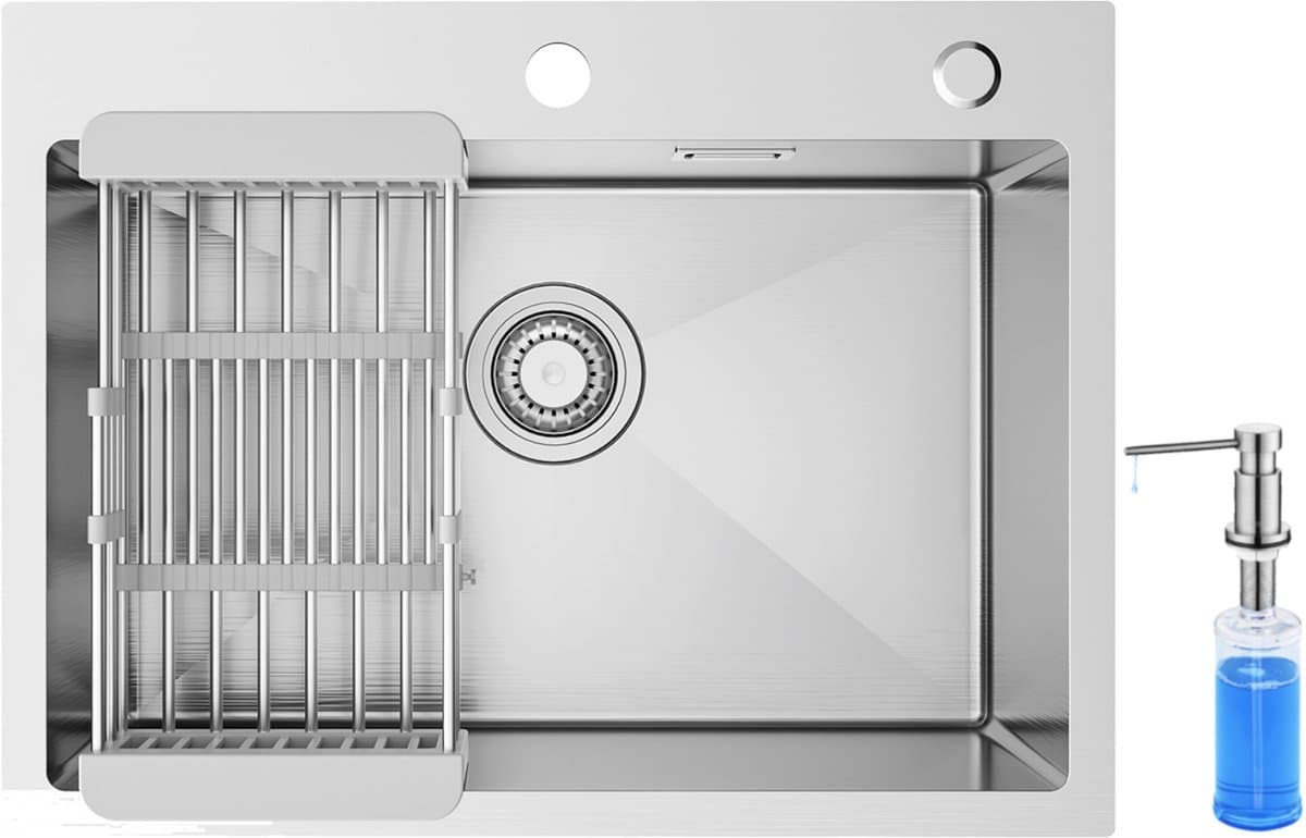 SOFETIY MAX Spoelbak voor keuken 60 x 45 cm - 1 Gootsteen Met Zeepdispenser 300ML RVS - Spoelbakken Keuken - Wasbak Keuken Met Aftapmand en Waterafvoersysteem