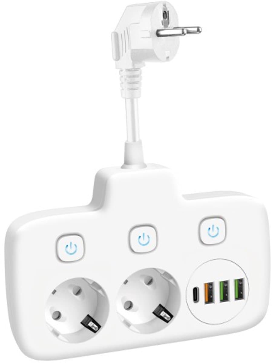 Kobi Verlengsnoer - 2 stopcontacten + 3x USB-A & 1x USB-C - 0.2 meter - wit