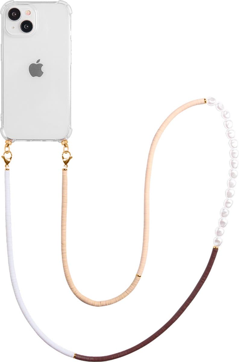 Casies hoesje geschikt voor Apple iPhone 13 met koord - Parel kralen mix ketting - long size - crossbody - Cord Case Pearl