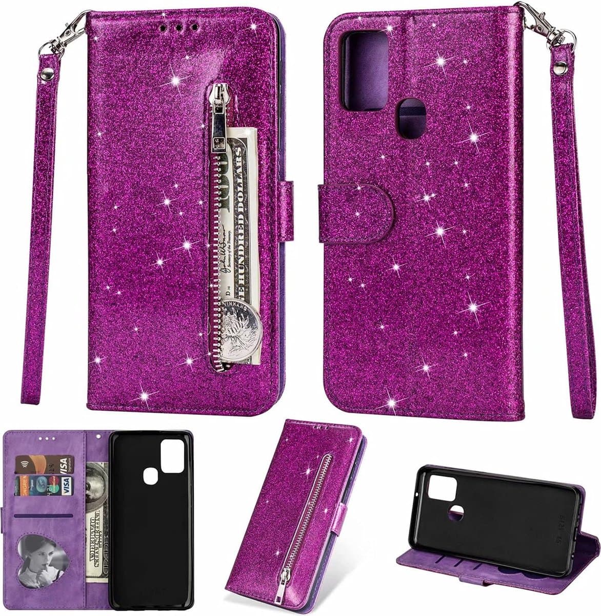 Portemonnee Hoesje - Wallet Case - Rits Sparkly Glitter - Telefoonhoes met Kord Geschikt voor: Samsung Galaxy M31S - Paars