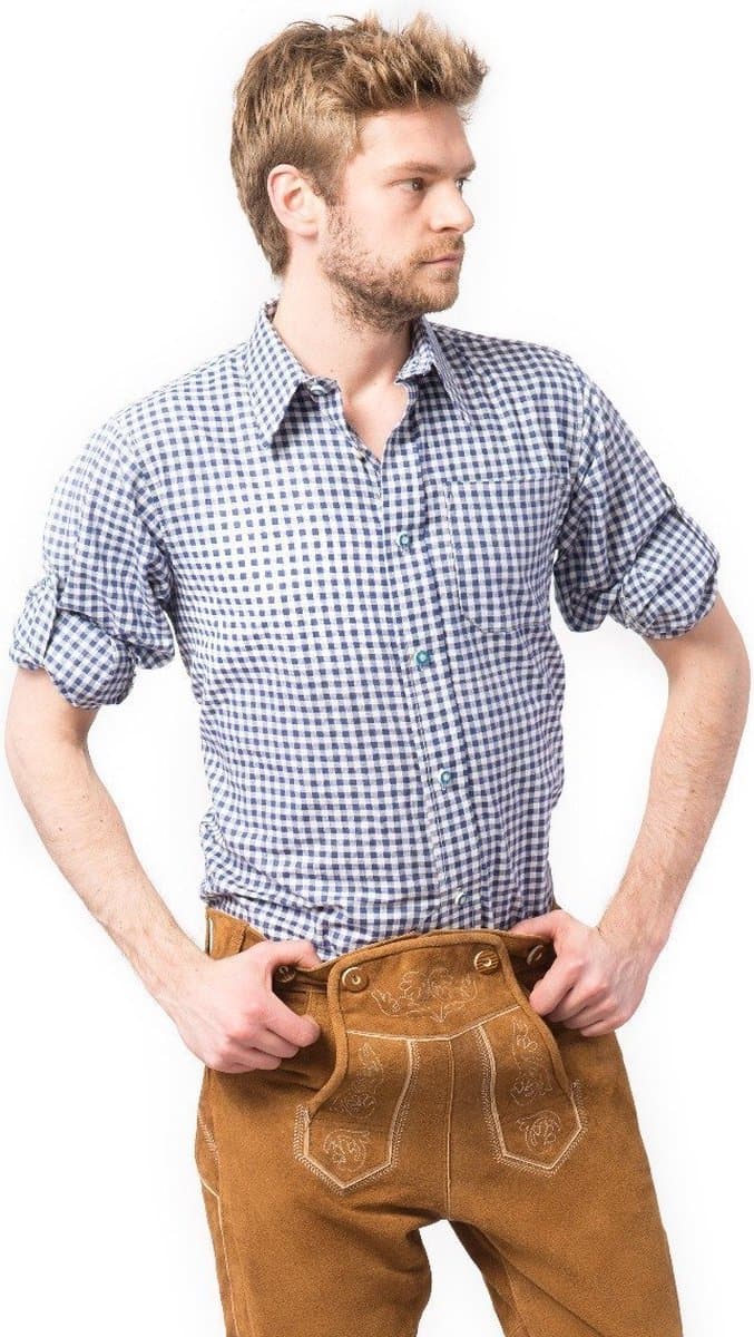 Partychimp Oktoberfest Overhemd Slim Fit Heren Geblokt Oktoberfest heren Carnavalskleding Heren - Polyester - Blauw - Maat 2XL