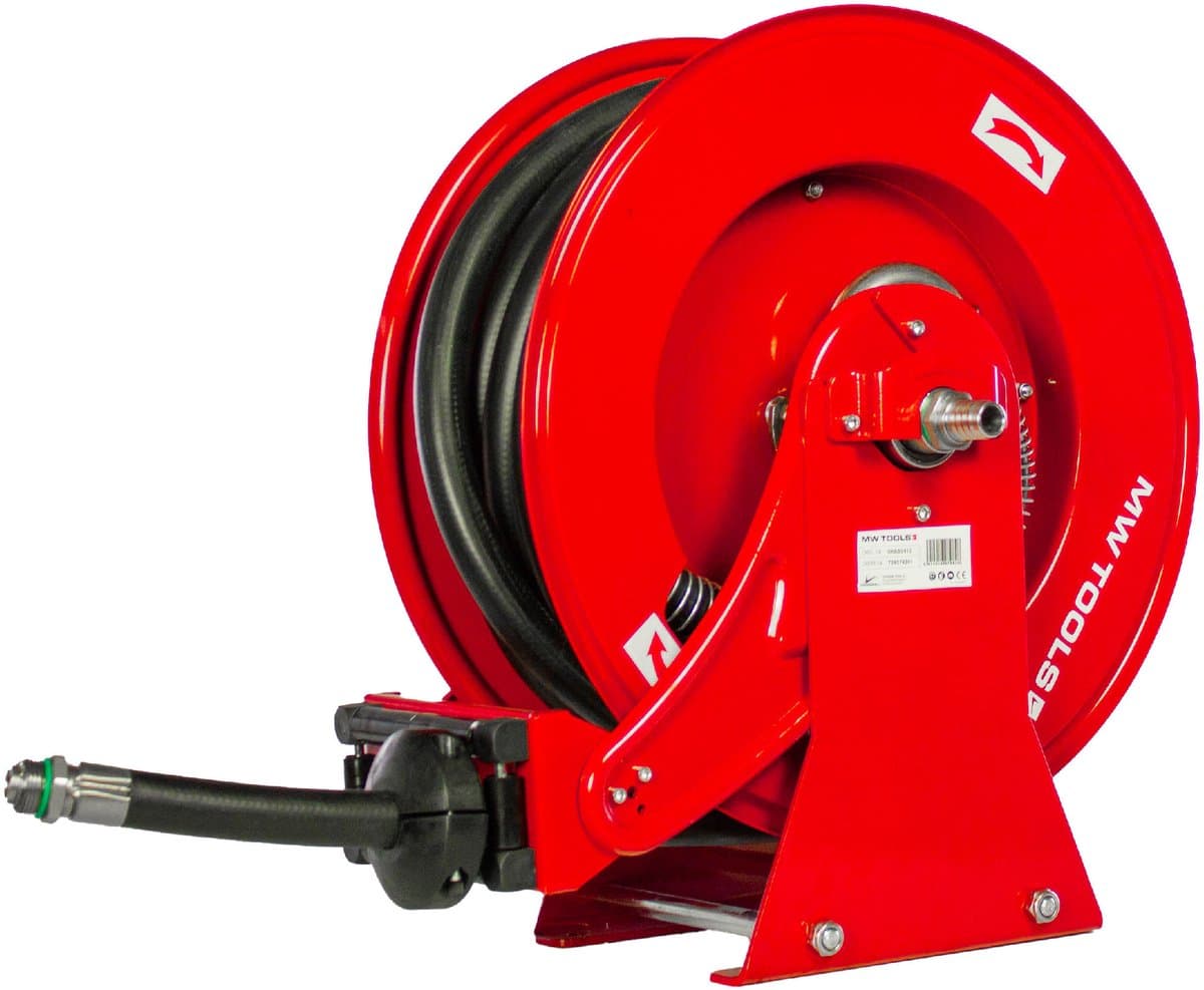 Haspel AdBlue 10 m Ø 3/4 20 bar Gepoederlakt staal met automatische oprol en vaste muurbeugel MW Tools SHAD3410