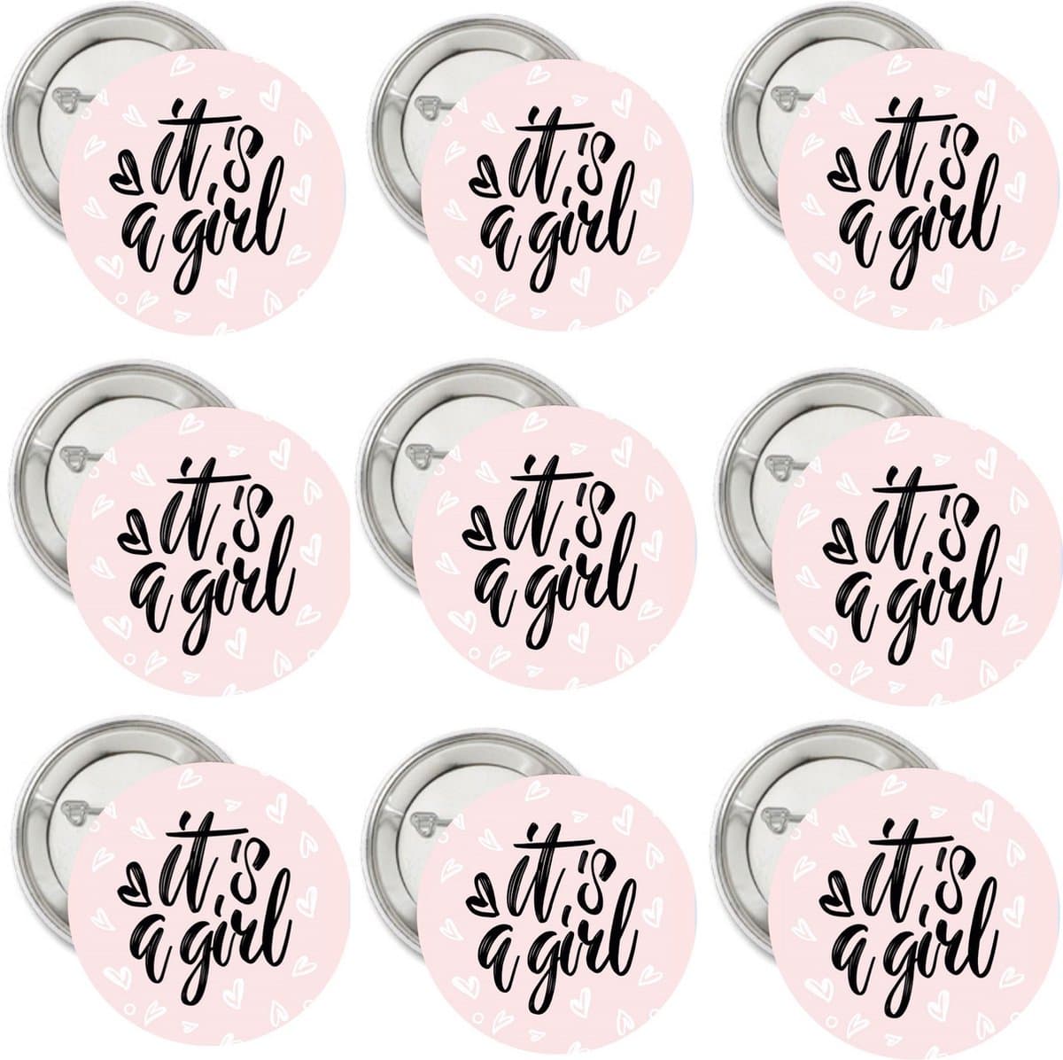 9 Buttons It's a Girl hearts - button - it's a girl - genderreveal - babyshower - geboorte - zwanger - baby - button