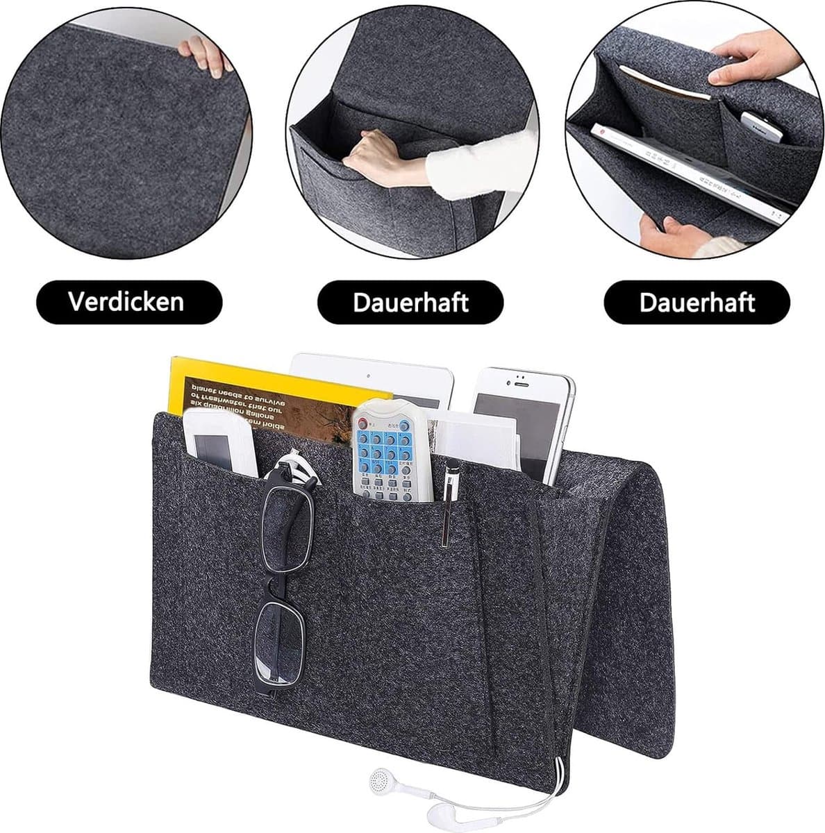 Bedorganizer, nachtkastorganizer, antislip nachtkastvak, met 5 diepe vakken voor boek, tijdschriften, iPad, mobiele telefoon, afstandsbediening, zwart
