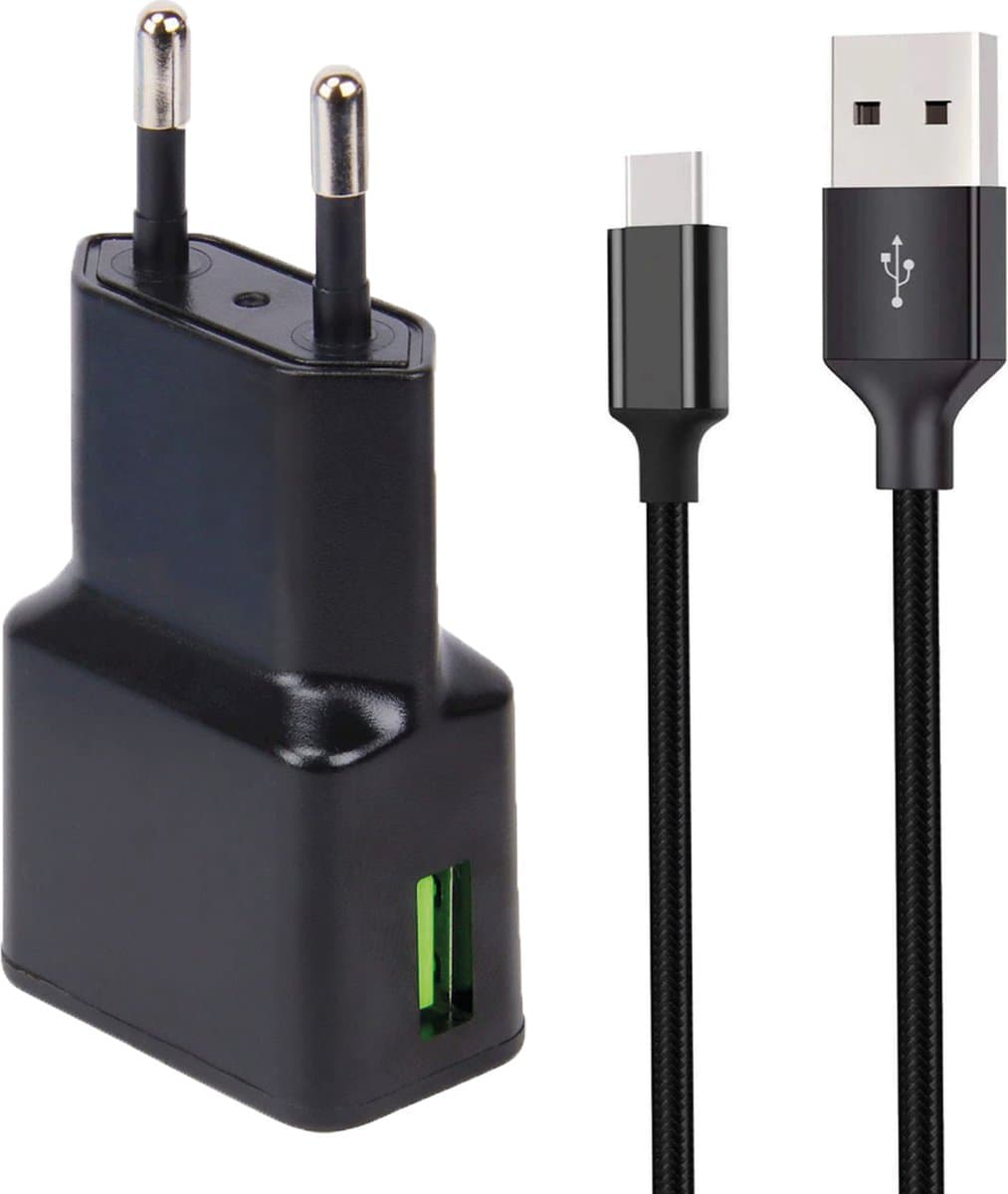 Snellaad Oplader - Snellader Geschikt voor Samsung Telefoon en Tablet - USB C naar USB A - Nylon Gevlochten - 2 Meter - Oplaadkabel - USB C Adapter - 15W Vermogen - Incl. USB C Kabel - Adaptive Fast Charger - Stekkerblok - Zwart