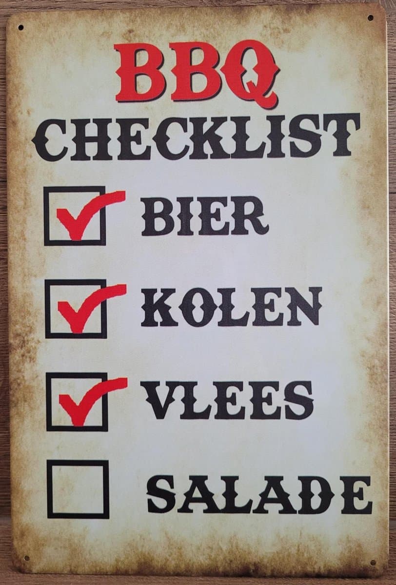 BBQ Barbecue Checklist Reclamebord van metaal METALEN-WANDBORD - MUURPLAAT - VINTAGE - RETRO - HORECA- BORD-WANDDECORATIE -TEKSTBORD - DECORATIEBORD - RECLAMEPLAAT - WANDPLAAT - NOSTALGIE -CAFE- BAR -MANCAVE- KROEG- MAN CAVE