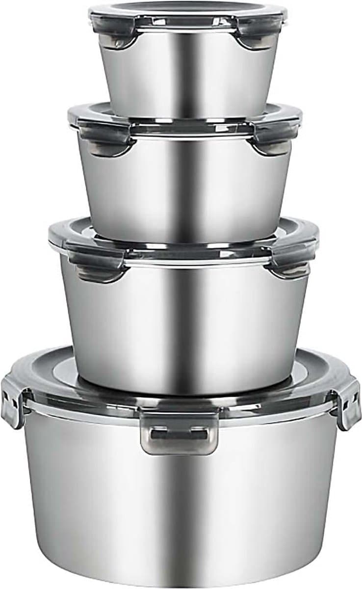 Roestvrijstalen voedselcontainer met luchtdichte deksels, 4 stuks, herbruikbare Bento lunchbox voor het bewaren van levensmiddelen, lekvrij, oven, vriezer, vaatwasmachinebestendig