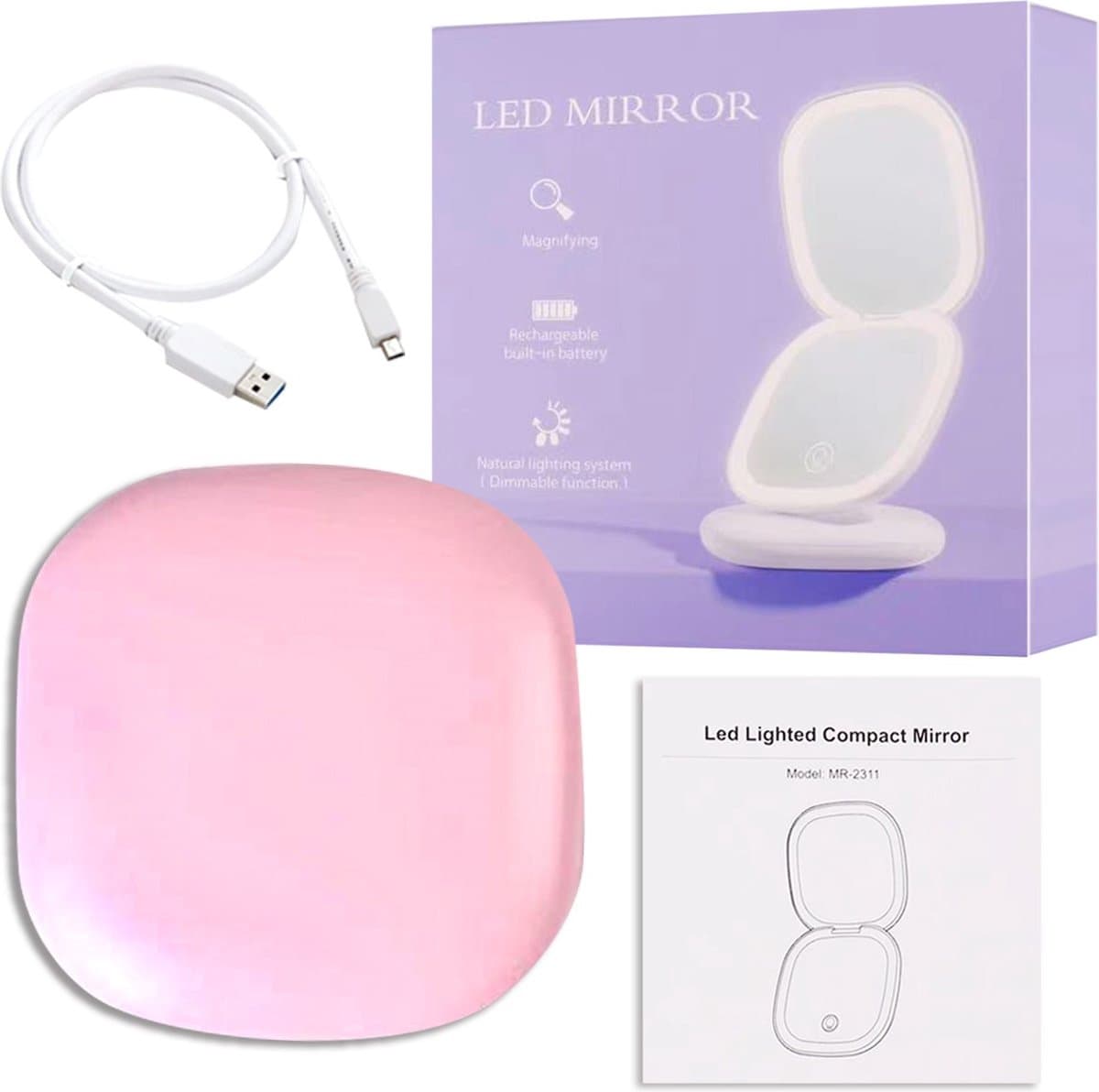 TechU™ Make-upspiegel met Ingebouwd Licht – Werkt op USB – Verstelbaar Licht & Vergroot 5X – Hand Make-upspiegel – Pocket Size – Roze