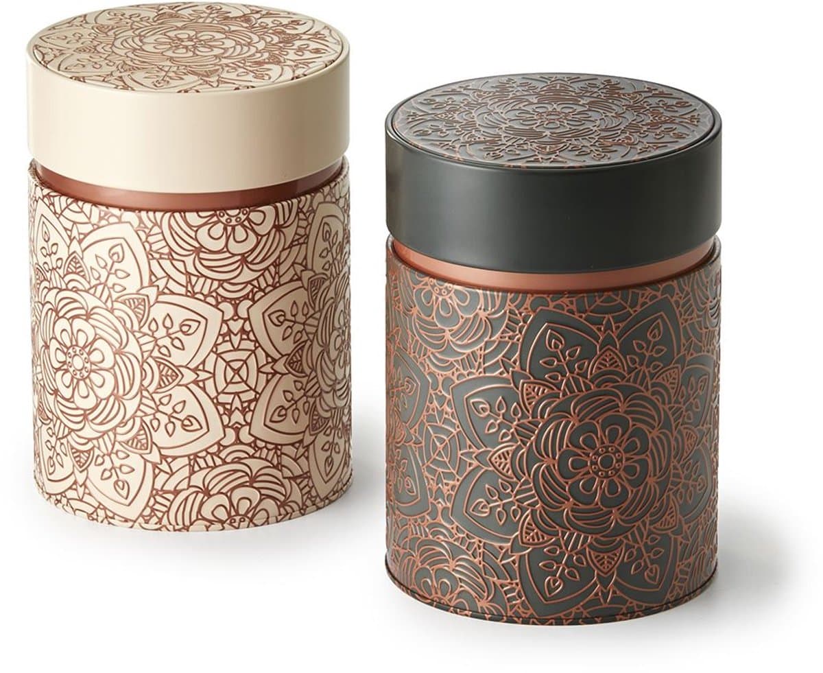 Bewaarblikken Mandala – set van 2 – 500 gram – tinplate – oriëntaals mandala-design – theeblikken / kruidenblikken met slipdeksel