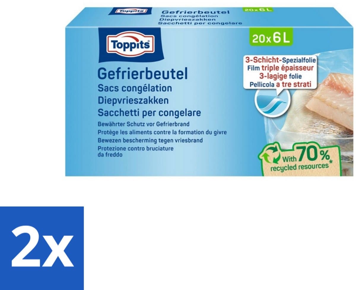 2 x Toppits – Diepvrieszakken – 6 Liter – 20 Zakjes - Diepvrieszak - Diepvrieszakjes - Diepvriesvoorraad - Vriezen - Voedsel Bewaren