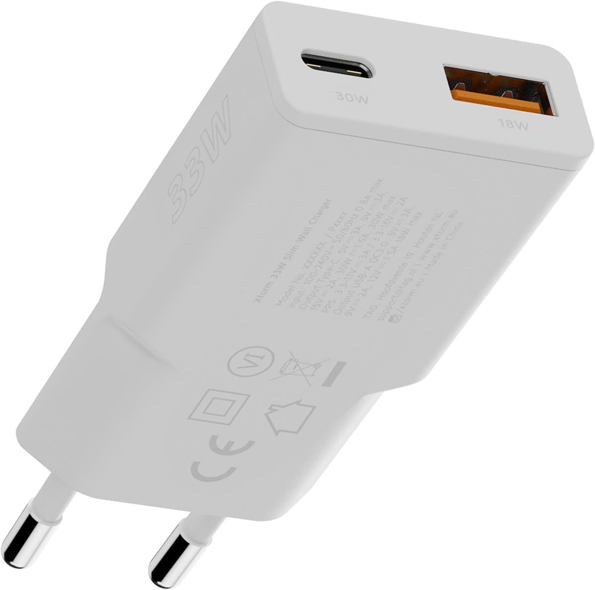 Xtorm Go2 Slimline USB-C / USB-A Adapter - Dubbele Poort Oplader - Charger - 33W Krachtige Snellader - Compacte USB C Oplader - Wit
