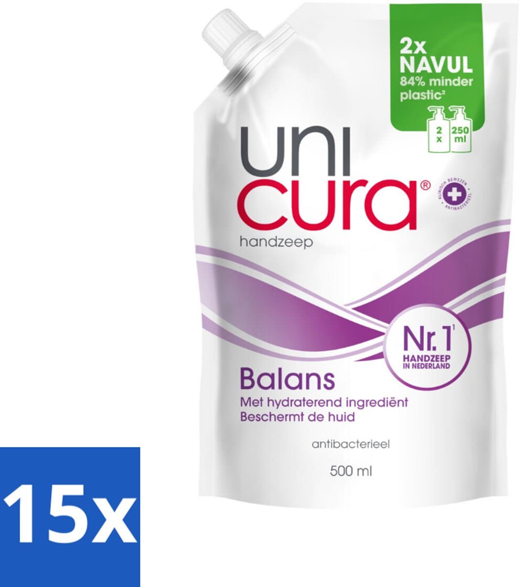 Unicura – Vloeibare Handzeep Navulling – Balans – 500 ml - Bulkverpakking - 15 stuks