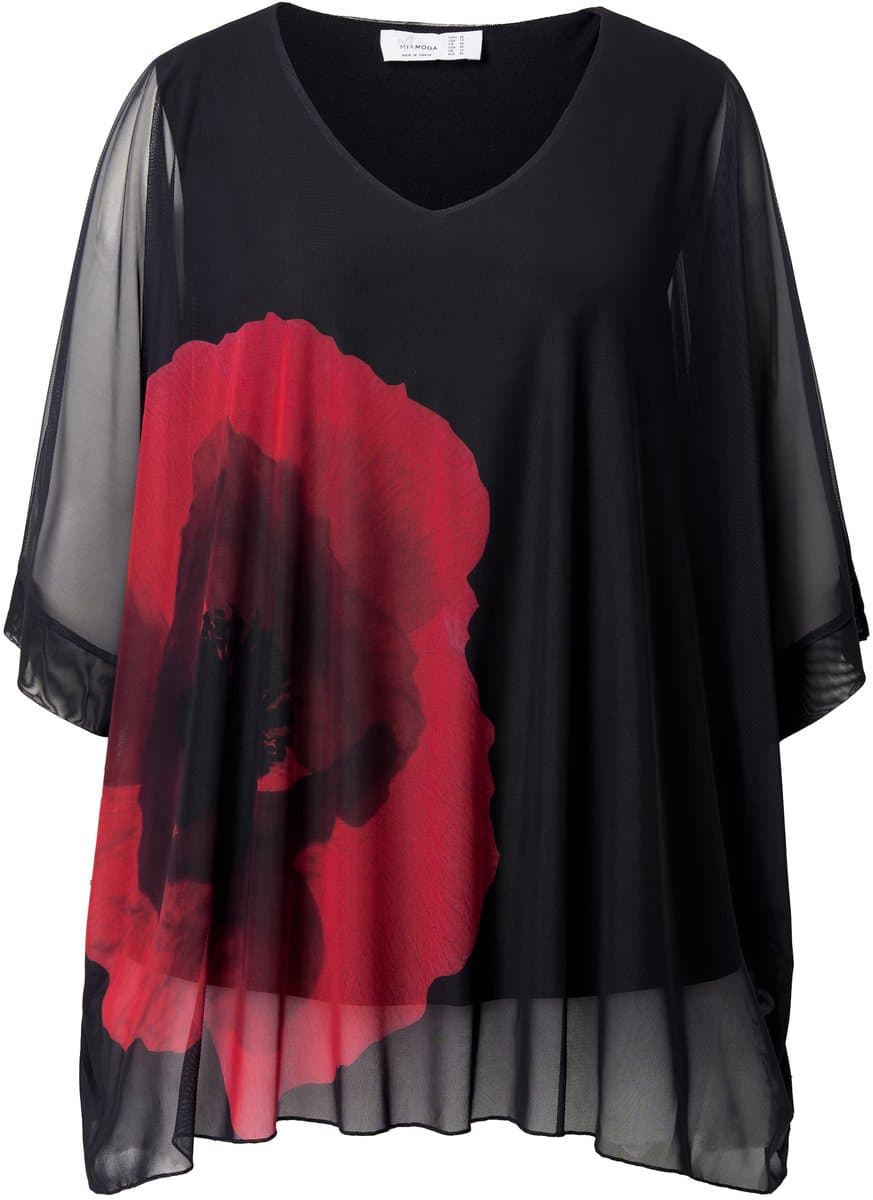 MIAMODA - Dames - Mesh blouse oversized bloemenprint ondoorzichtige jersey top - Zwart - Maat 46+