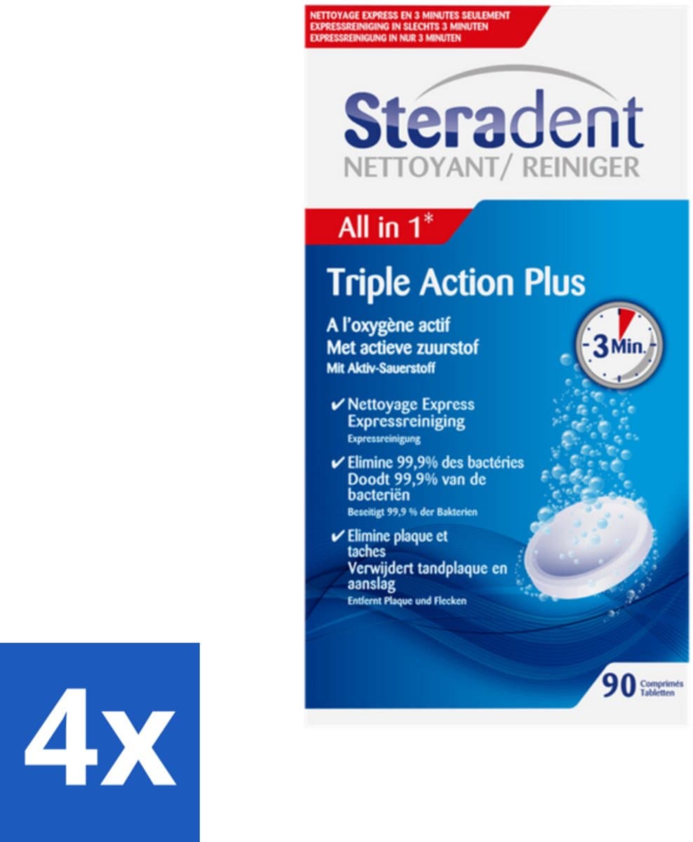 4 x Steradent - Kunstgebitreiniger - Tegen Tandplak En Aanslag - 90 Tabletten - Kunstgebit Reiniger - Kunstgebit Schoonmaken - Tandplak Verwijderen - Aanslag Verwijderen - Kunstgebit Desinfecteren