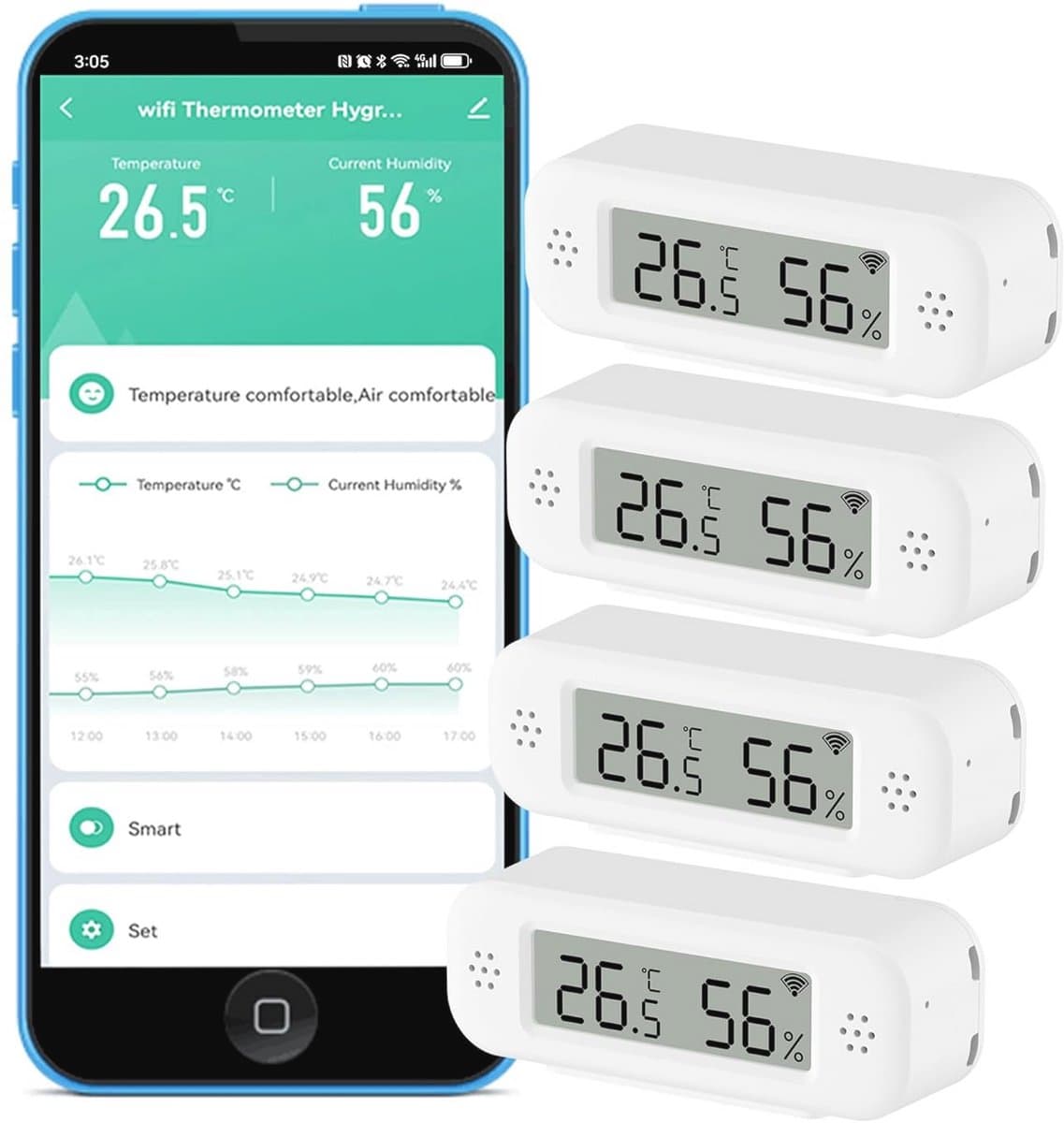 Slimme temperatuur- en vochtigheidssensor - Real-time monitoring met app-melding, compatibel met Alexa/Google Home - 4 stuks