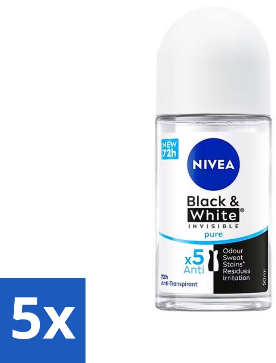 Nivea - Deodorant - Roller - Black & White Invisible Pure - 50 ml - Bulkverpakking - 5 stuks