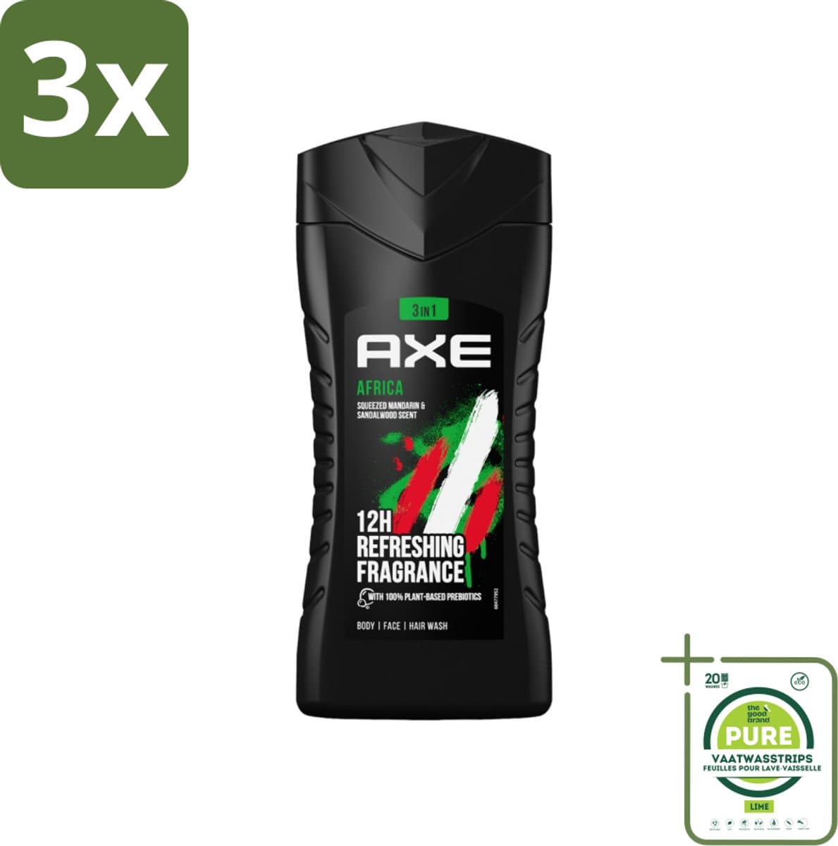 3 x Axe - 3-in-1 Douchegel - Africa - Squeezed Mandarin & Sandalwood - 100% Plantaardig - 250 ml - Grootverpakking - Douchegel - Axe - Africa - Mannelijke Geur - Exotische Geur