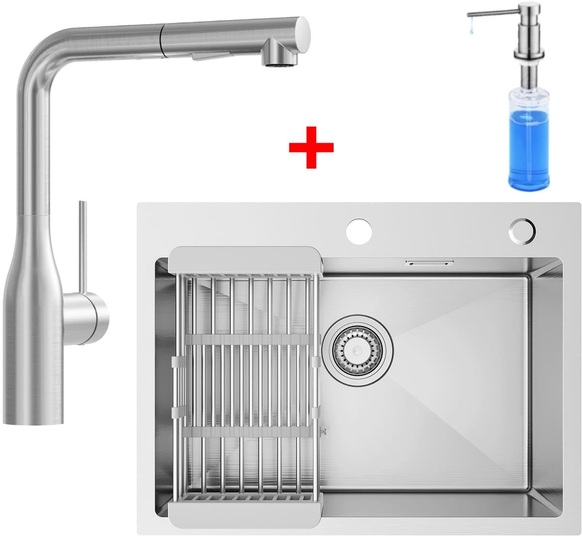SOFETIY MAX Spoelbak voor keuken 60 x 45 cm - Spoelbakken Keuken Met Keukenkraan en Zeepdispenser 300ML - 1 Gootsteen RVS - Wasbak Keuken Met Aftapmand en Waterafvoersysteem