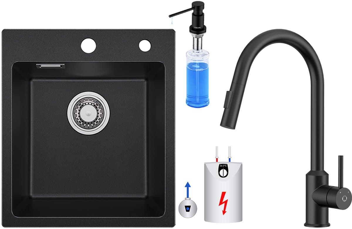 SOFETIY MAX Granieten Spoelbak 40x45CM - Spoelbakken Keuken Zwart - Enkele Spoelbakken Met Lagedruk Keukenkraan en Zeepdispenser 300ML - Spoelbakken Incl. Sifon en Afvoerzeefje