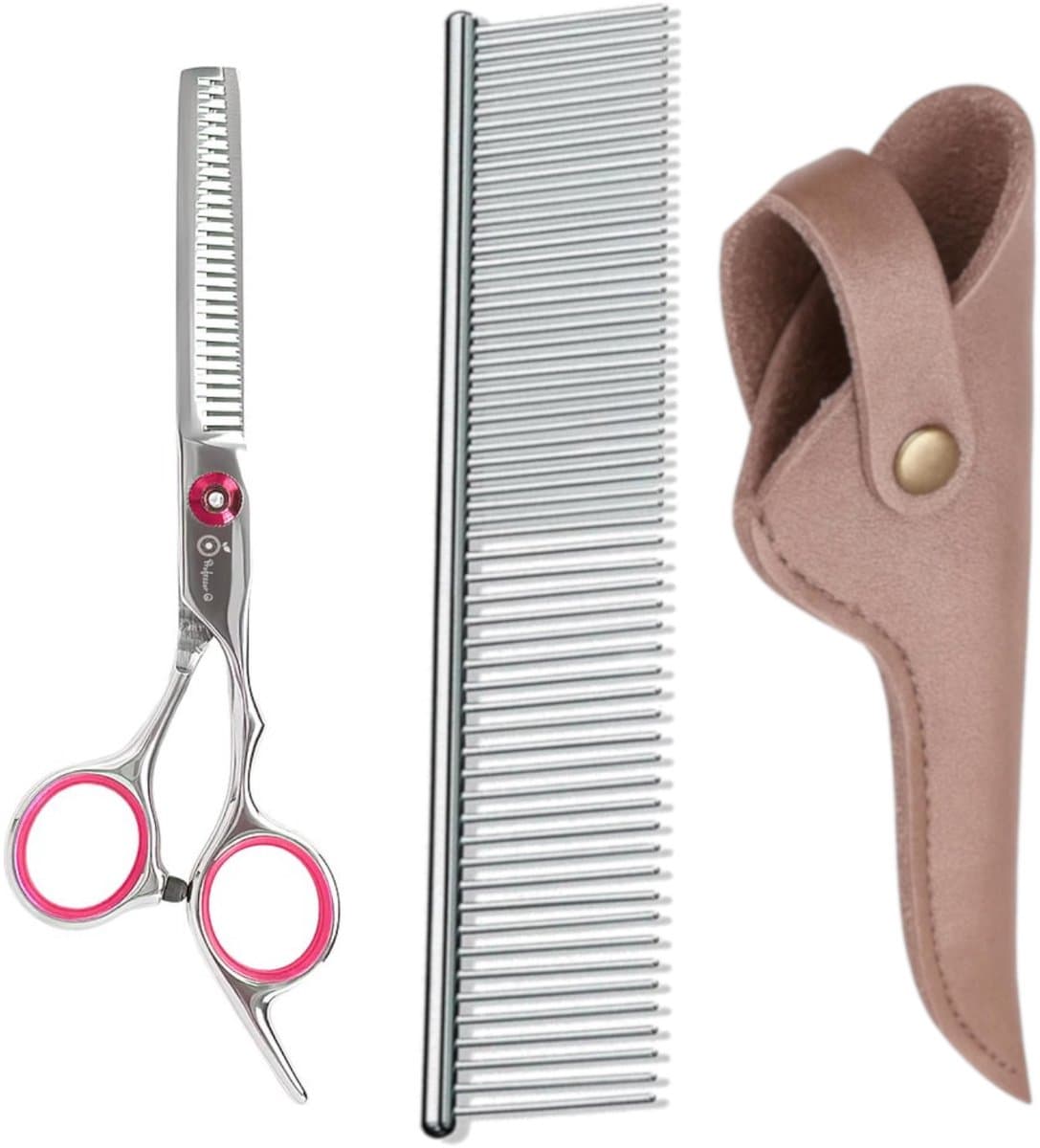 Professor Q – Professionele Effileerschaar – Roze – Premium RVS Uitdunschaar – Voor Kapper & Thuisgebruik met Luxe Lederen Etui – 16,5 cm – Brons + Anti-Klit Kam – Pijnloos & Huisdiervriendelijk
