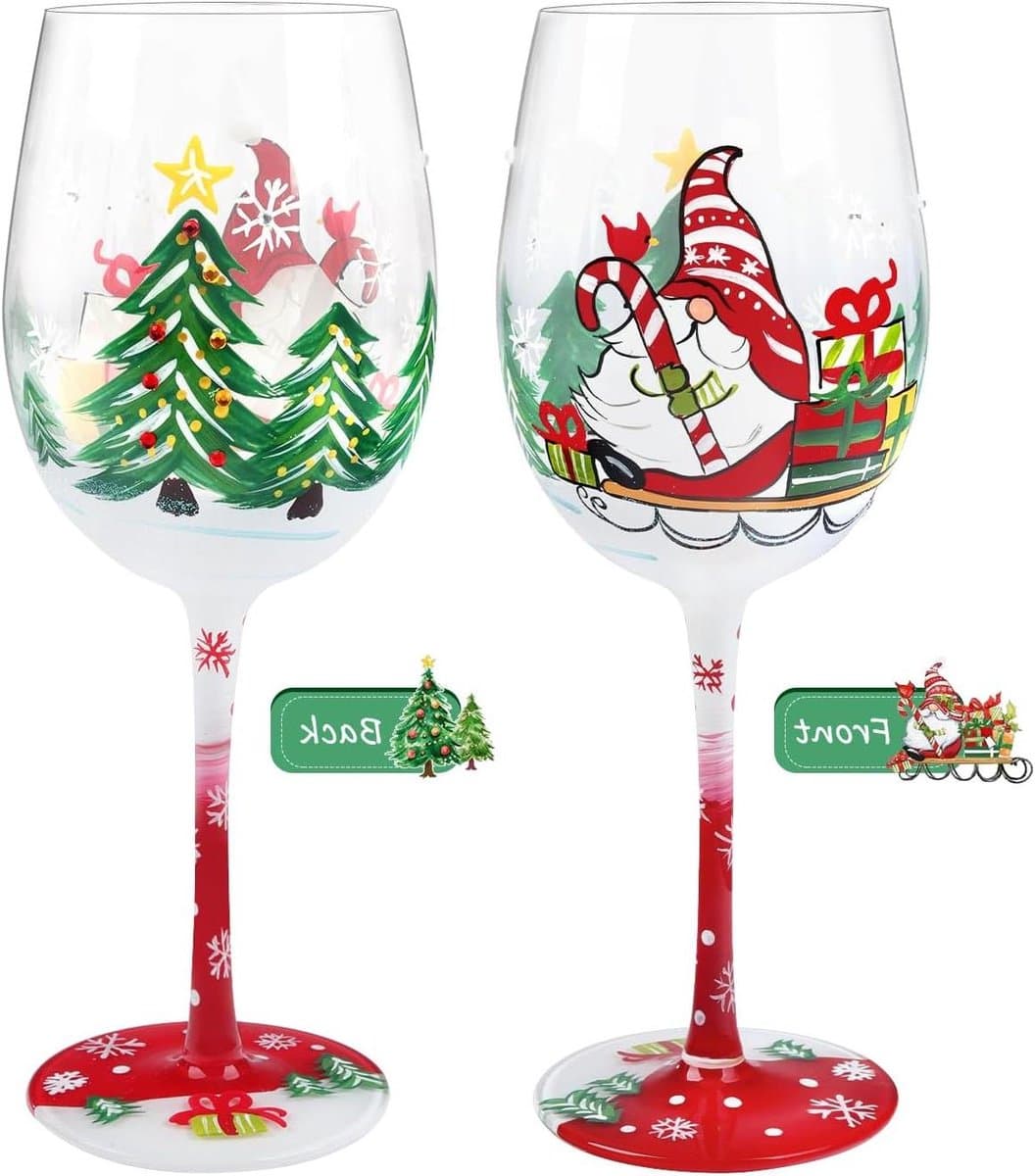 Cosensi - Handgeschilderd Wijnglas Kerst Thema Cadeau voor Familie en Vrienden 15oz