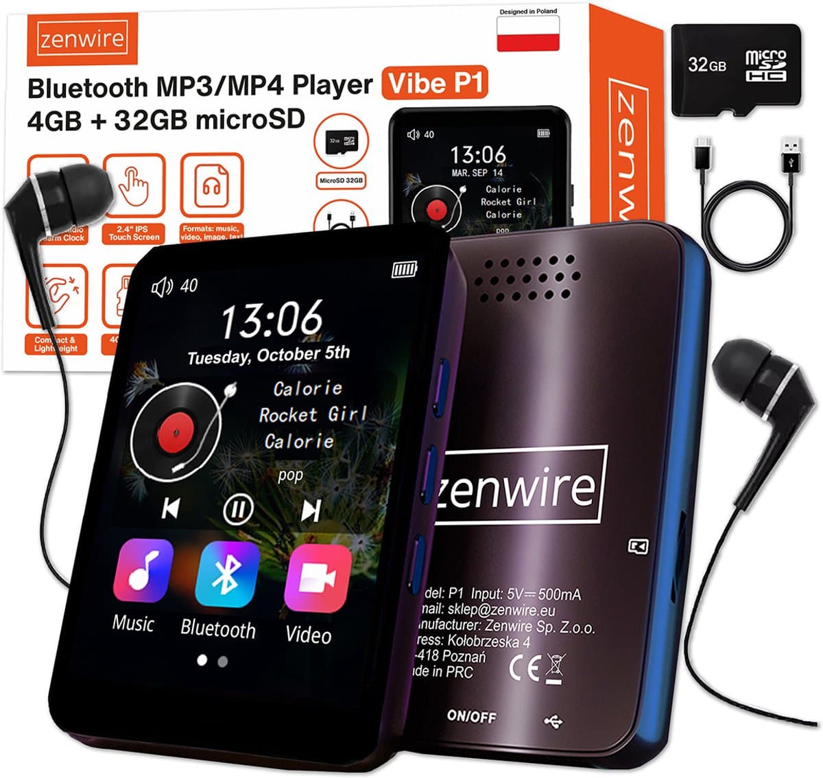 Zenwire® MP4 Speler 36 GB – 2.4″ TFT Display – Bluetooth 5.0 – FM Radio – Dictafoon – microSD tot 128 GB – HiFi Geluid – Koptelefoon Inbegrepen – USB-C Oplaadbaar