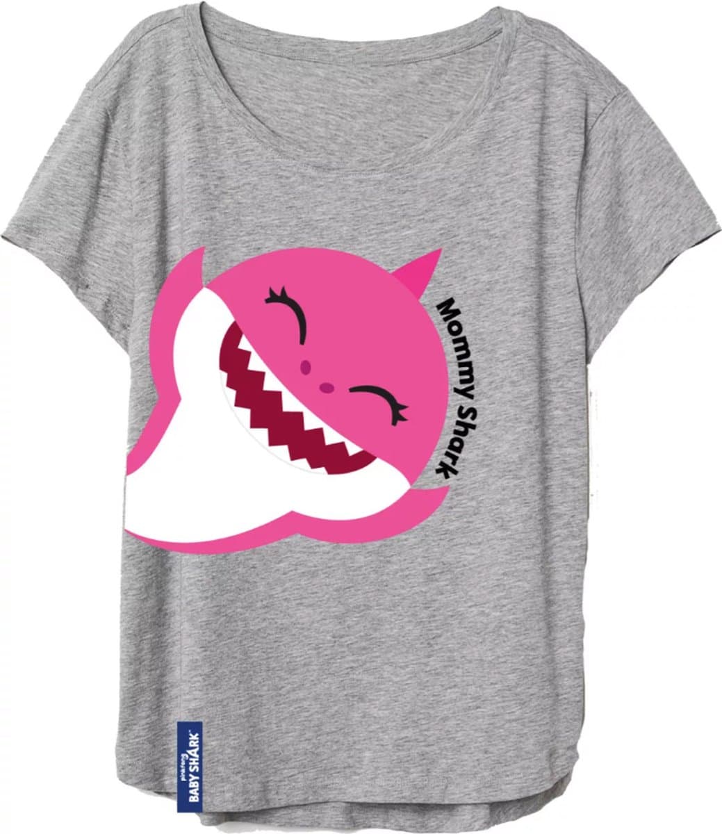 Mommy Baby Shark dames t-shirt / volwassenen, grijs/roze, maat L