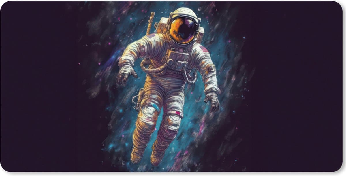 Muismat XXL 120x60 cm - Bureau onderlegger - Bureau mat Ruimte - Neon - Astronaut - Sterren - Bureaumat - Gaming mousepad xl - Bureaulegger groot - Computer deskmat - Geschikt voor Gaming Muis en Gaming PC set-up