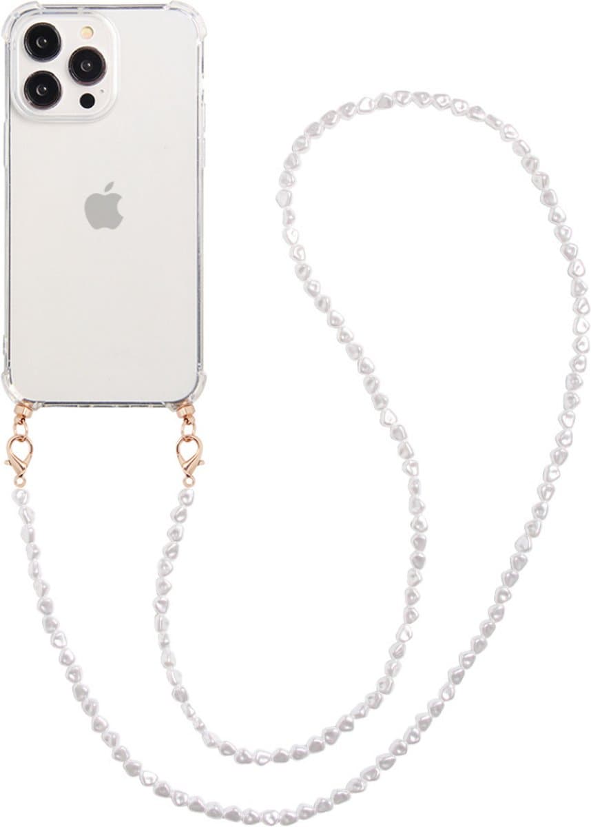 Casies hoesje geschikt voor Apple iPhone 12 Pro MAX met parel koord - Crossbody Telefoonhoesje - Cord Case Pearl - Parels - Transparant