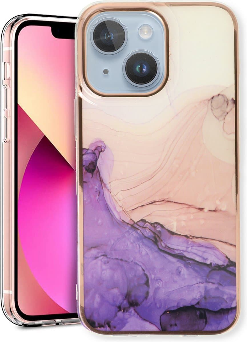 Casemania Hoesje Geschikt voor Apple iPhone 15 Paars - Siliconen Marmer Back Cover