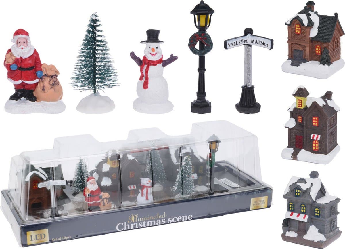 Koopman Kerstdecoratie Dorp met LED Set - 10 stuks, 340 x 130 x 105 mm