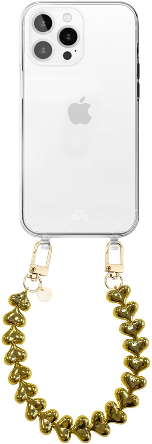 xoxo Wildhearts siliconen hoesje geschikt voor iPhone 14 Pro hoesje - Funky Hearts - Telefoonhoesje - Hoesje met koord - Goud koord - kort telefoonkoord - Hartjes ketting - Transparant hoesje