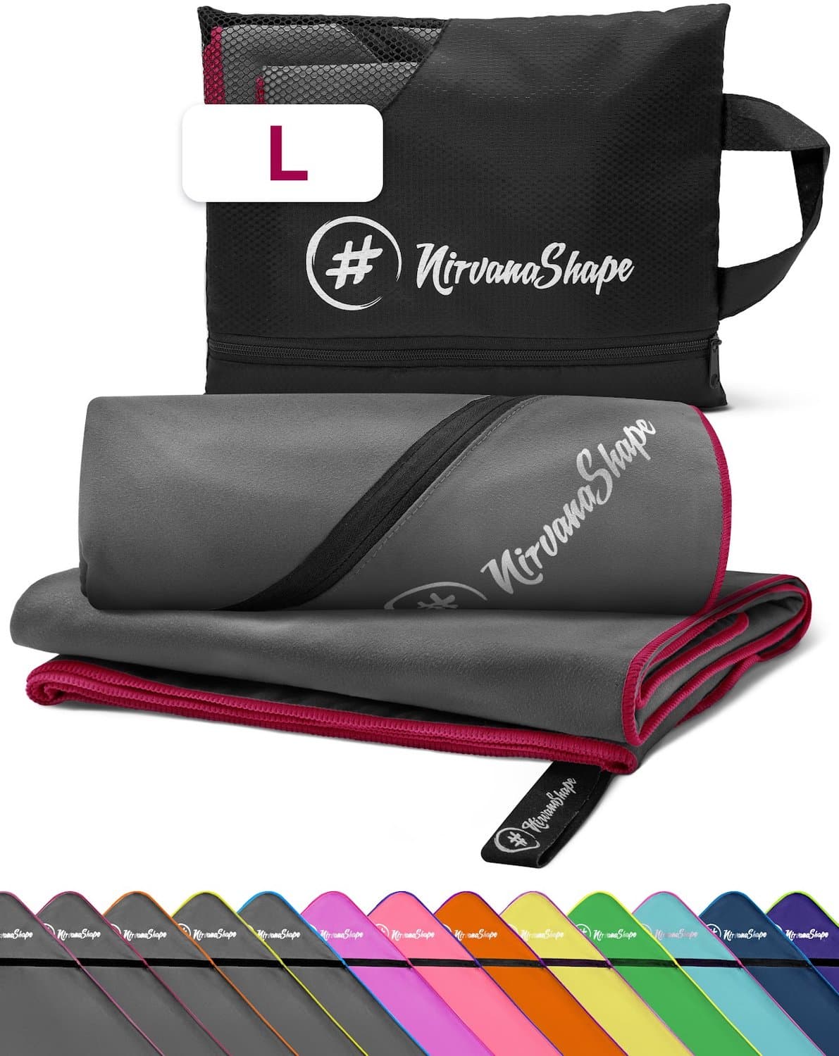 NirvanaShape - microvezel handdoek - strandlaken en badlaken - sneldrogend en absorberend - sporthanddoek met slimme hoekzak - 140 x 70 cm - Grijs / Paarse Rand