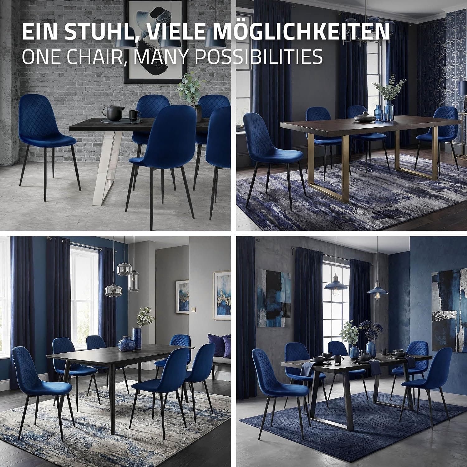 Luxe Velvet Eetkamerstoelen Set van 4 Donkerblauw – Gestoffeerde Eetkamerstoel met Rugleuning, Metalen Poten, Ergonomisch Zitcomfort, Scandinavisch Design