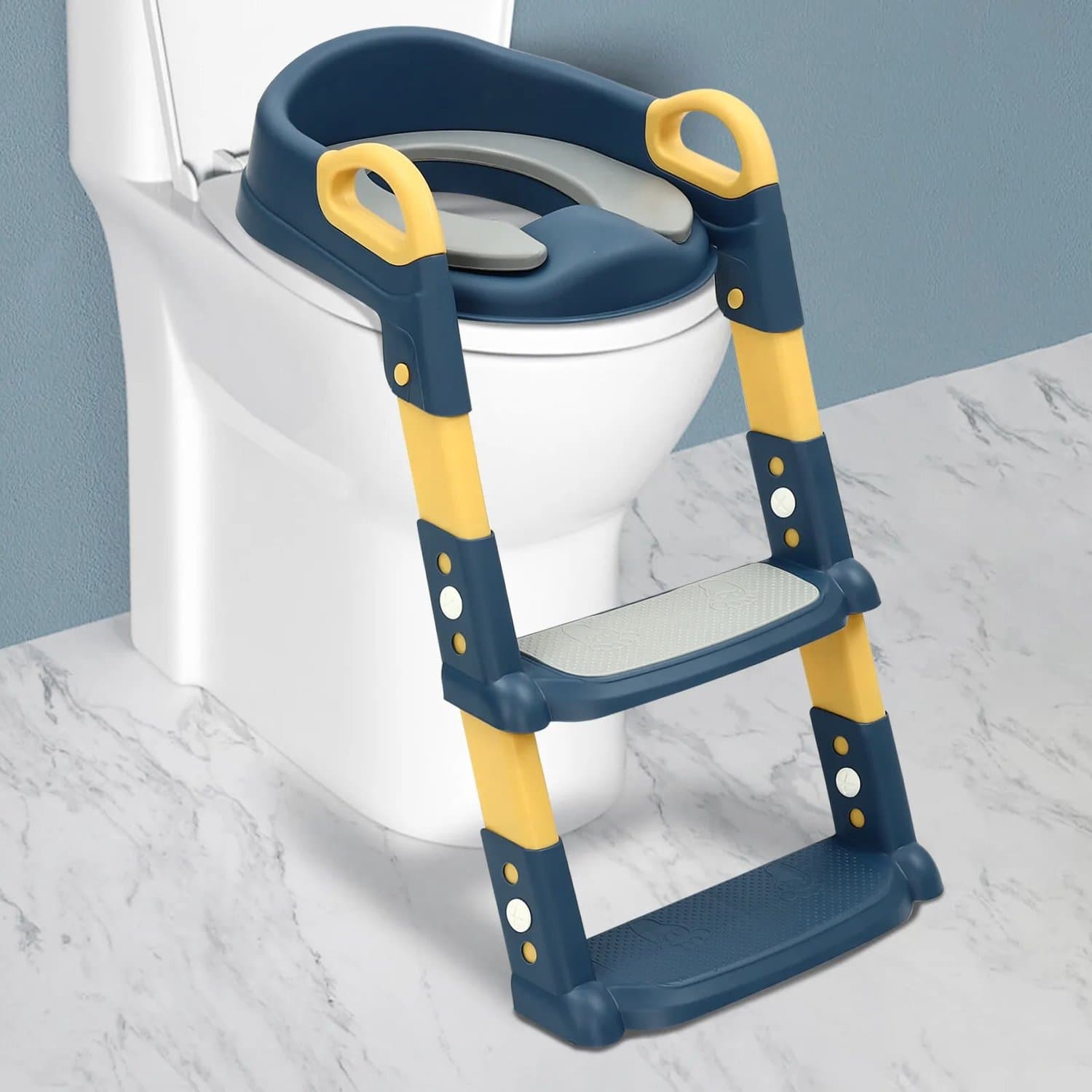 Veya WC verkleiner met trapje - Blauw - Geel - Opvouwbaar - Afneembaar zitkussen - Antislip - Met handgrepen - 34 x 34 x 44 cm