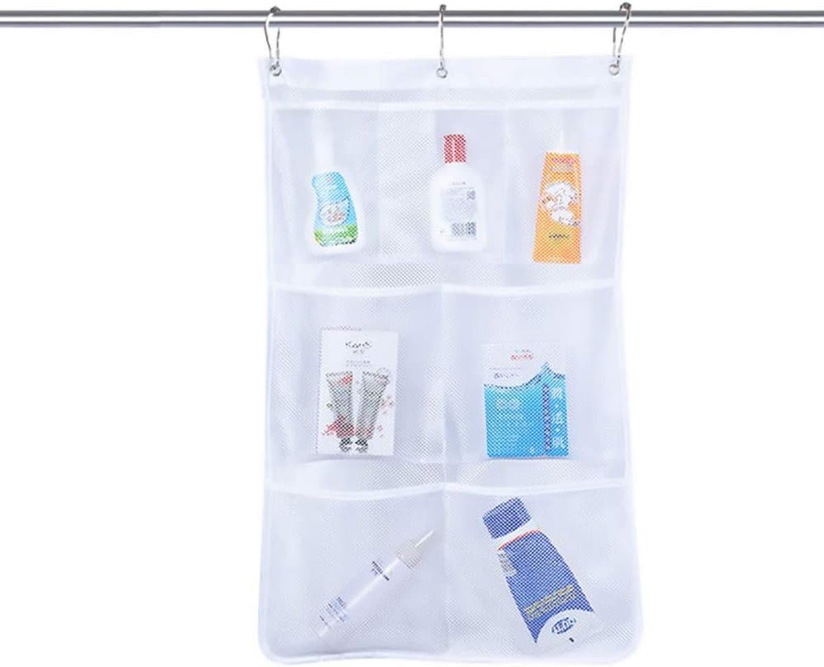 7 Zakken Mesh Douche Organizer Opknoping Opbergzakken Rail met Roterende Hanger Sneldrogende Badkamer Gordijn Opslag (Wit)