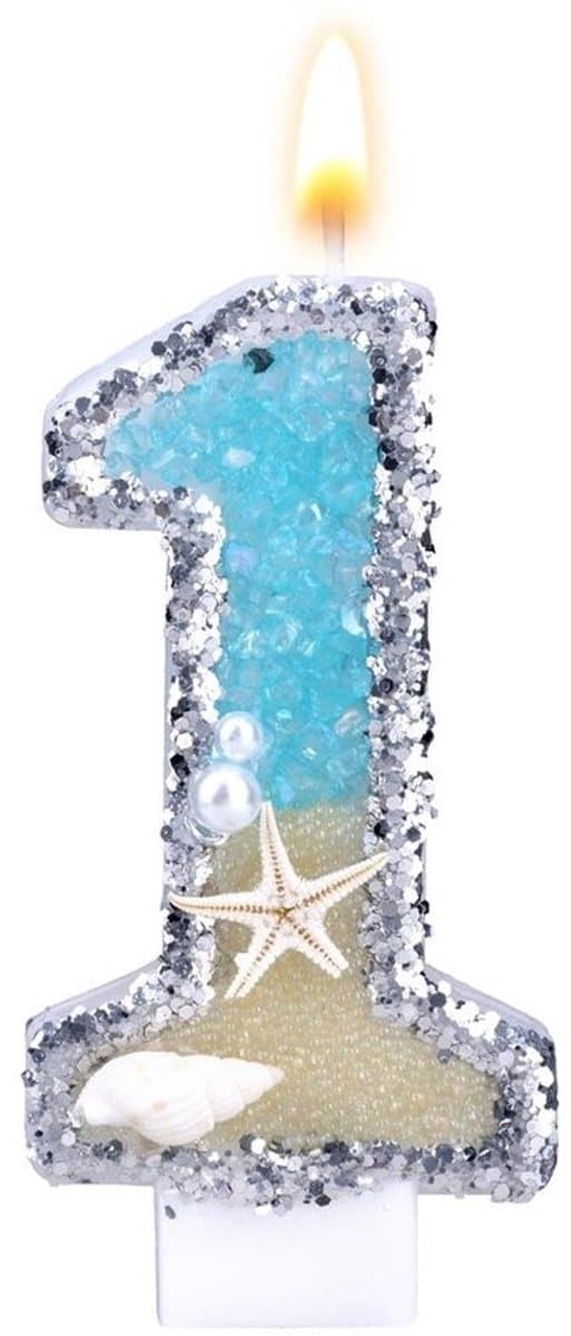 Dailygoods - Strandthema nummerkaars, strandverjaardagstaarttopper met schelp, zeester en pailletten voor taartdecoratie (1)