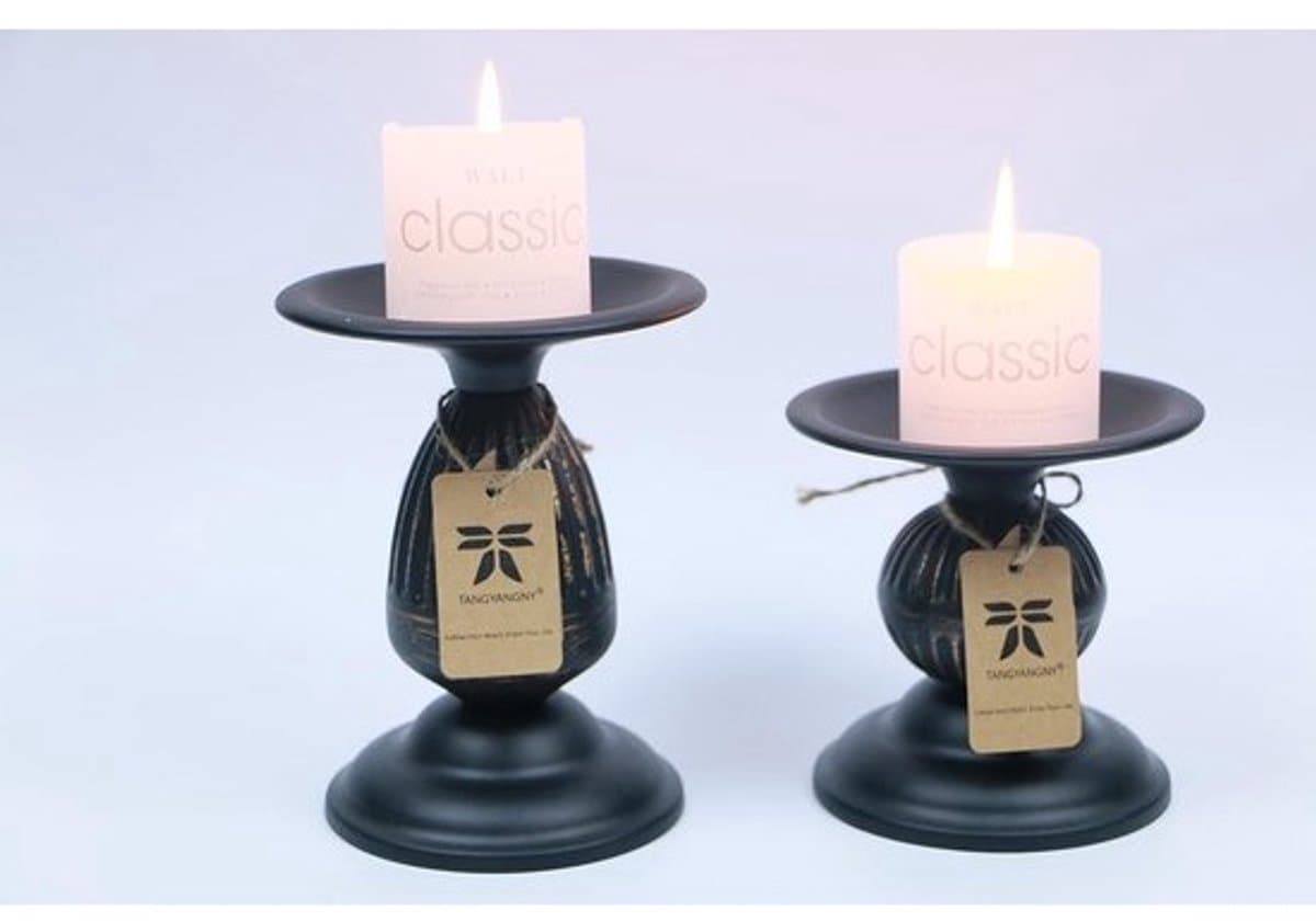 Set van 2 Vintage Metalen Kandelaars Zwart voor Tafeldecoratie