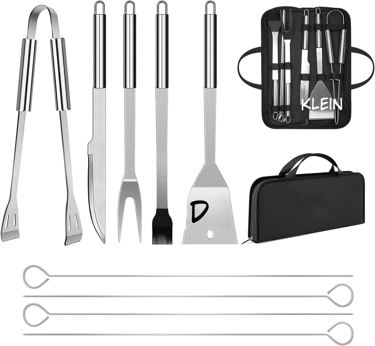 Kavo BBQ Accesoires ( Set ) - Met Opbergtas (9) - BBQ Kookgerei Set - Zilver - 39cm x 5cm x 12cm