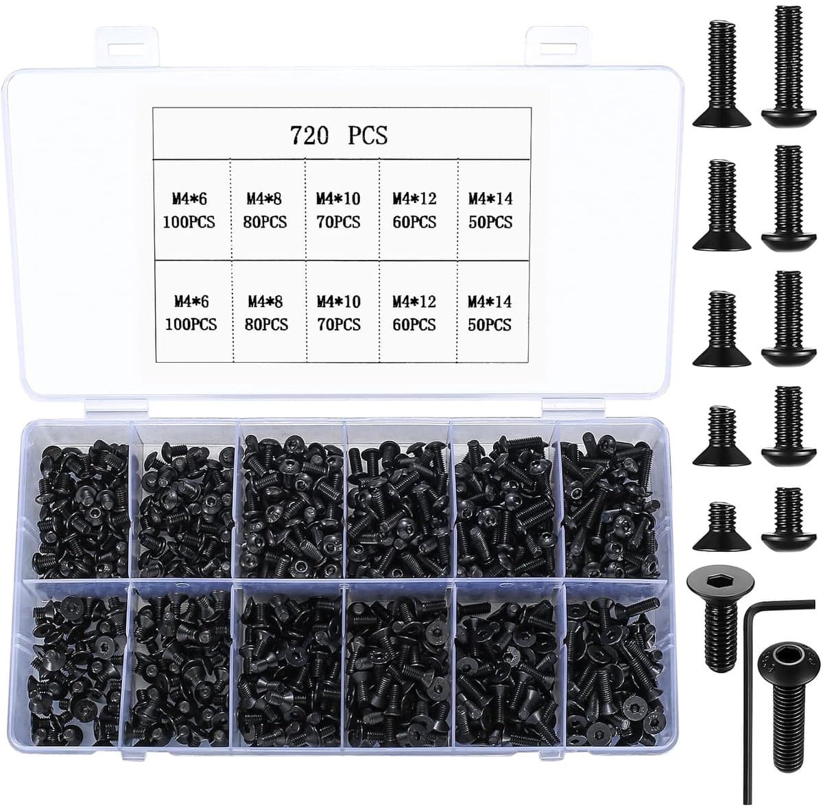 720 stuks M4 metrische zeskantdopschroeven met zeskantige bouten, inclusief 360 stuks verzonken pankopschroeven, 360 stuks platte schroeven voor 3D-printermachine - zwart, 6 mm/8 mm/10 mm/12 mm/14 mm