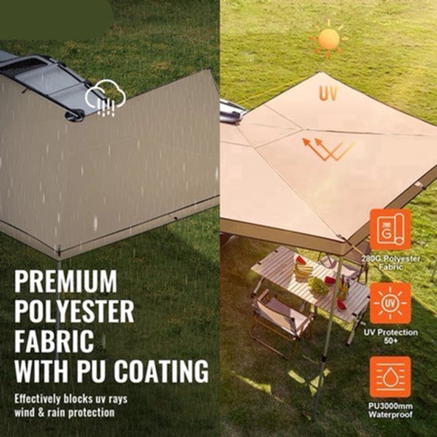 270° Luifel - Uitschuifbare - Autozijluifel - Waterdichte Dakluifel - voor SUV - Camper en Truck - 280G Polyester Stof - met PU3000mm Coating - 10x7ft