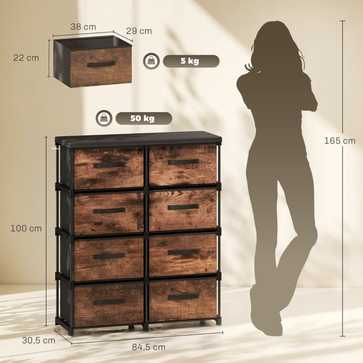 COVREO Ladekast 84,5 x 30,5 x 100 cm rustic bruin polyester, 8 lades