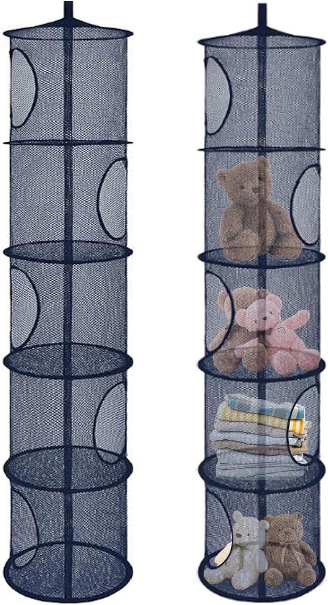 2 stuks opvouwbare hangopbergorganizer, 5 vakken, hangrek, mesh, hangende netopbergtas, knuffeldier, hangende mand voor kinderkamer, balkon (marineblauw)