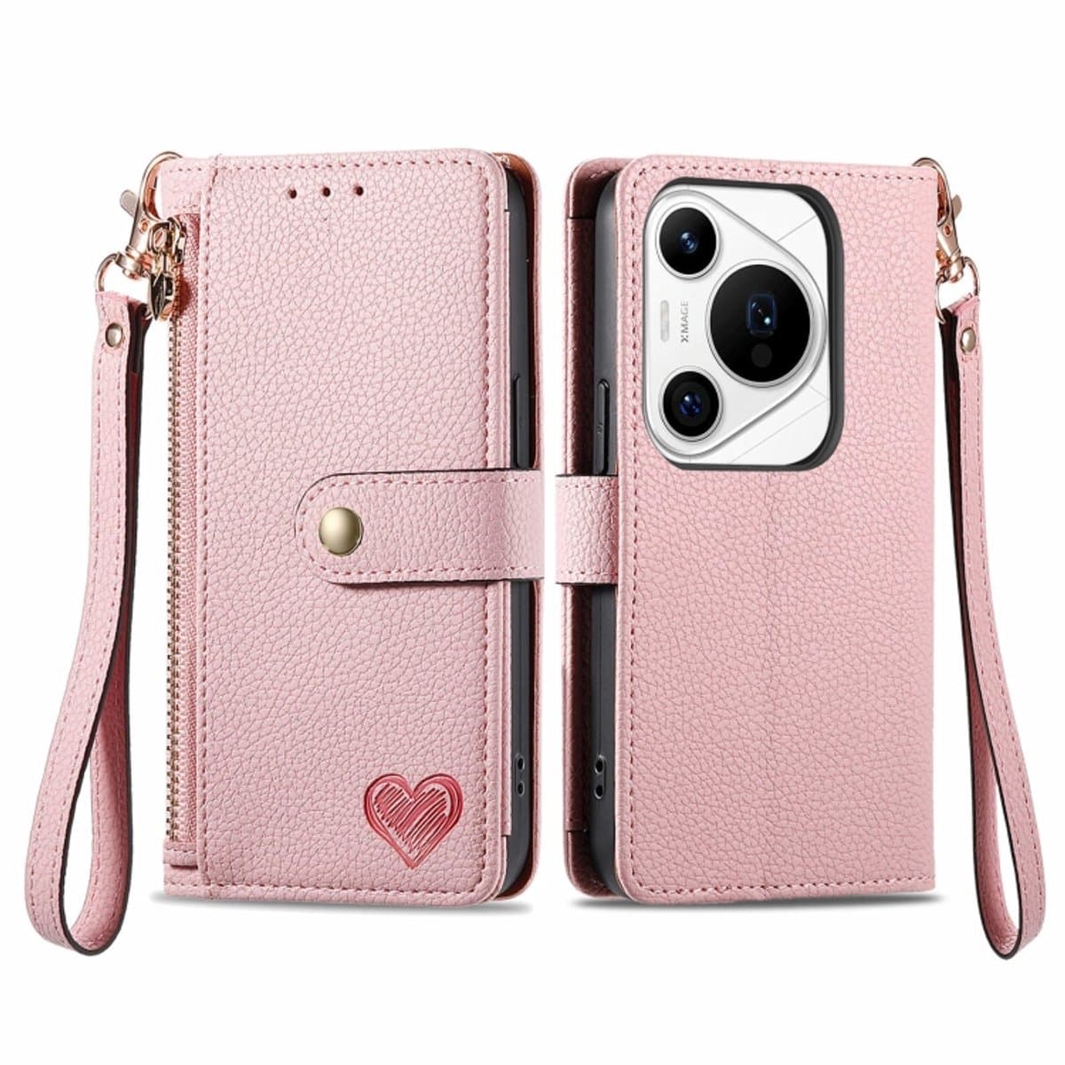 Voor Huawei Pura 70 Pro+ Love Zipper Lanyard lederen telefoonhoes (roze)