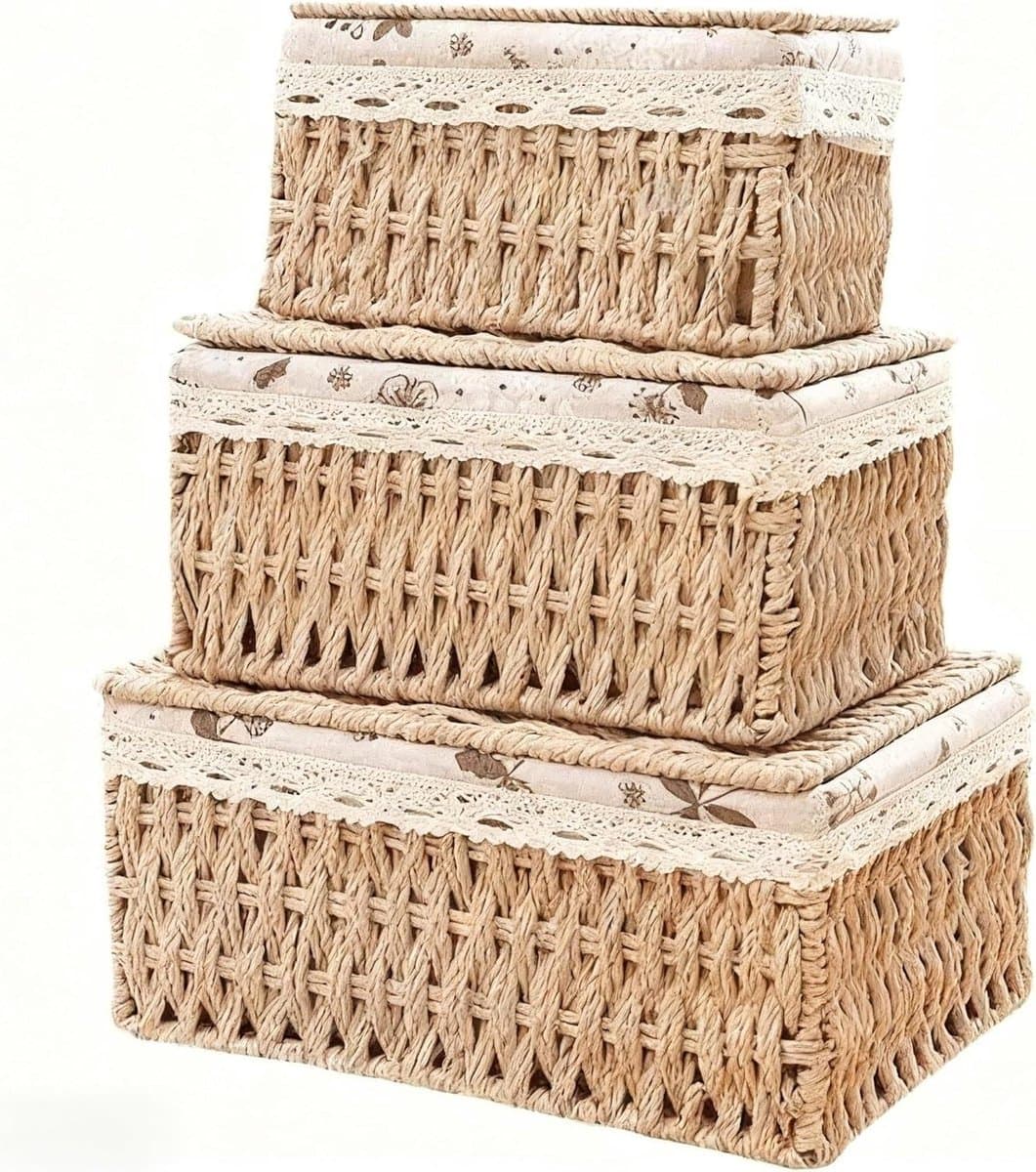 Opbergmanden Riet - Mandenset Organizer - Babykamer Opbergen - Met Katoenen Voering - 3 Maten - Natuurlijk