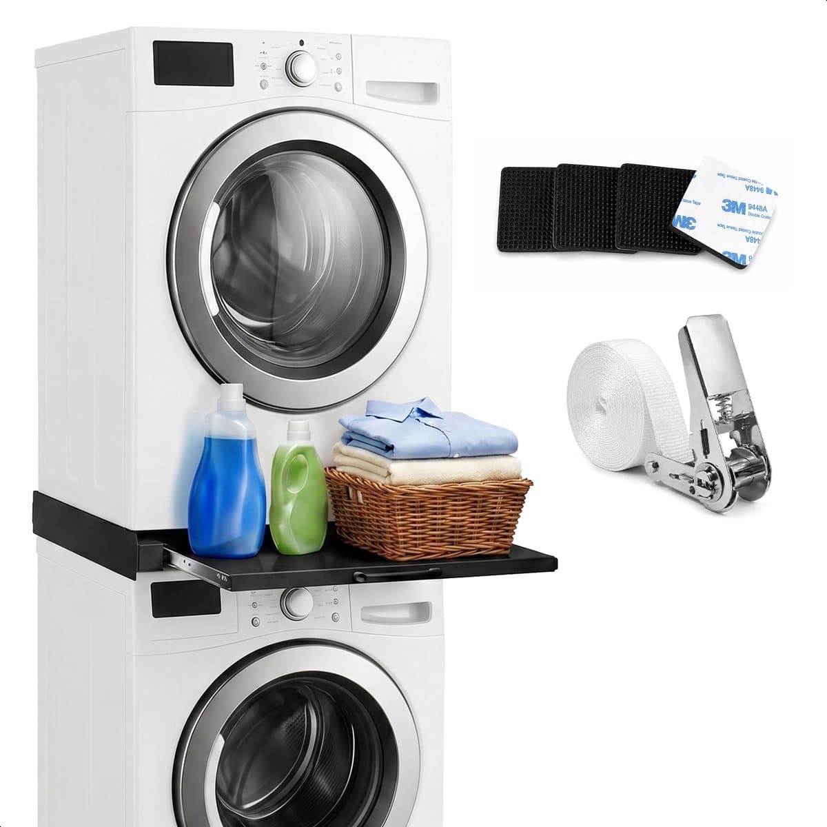 Tussenstuk voor Wasmachine & Droger - Extra stevig - Stapelkit - Met uitschuifbare plank - Universeel - Droogkast - Meubel - incl. trildempers en spanband - Skoov