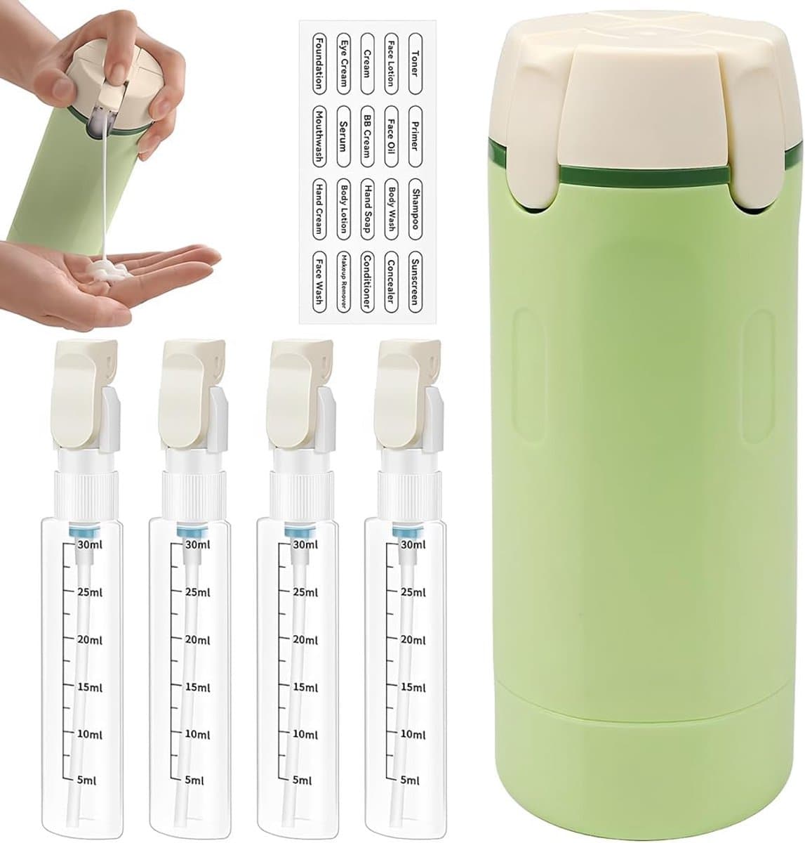 4-In-1 Reisflesdispenser: Reisflesdispenser,Hervulbare lekvrije toiletknijpersfles,Draagbare Reiscontainer (Groen) - ShopVlot